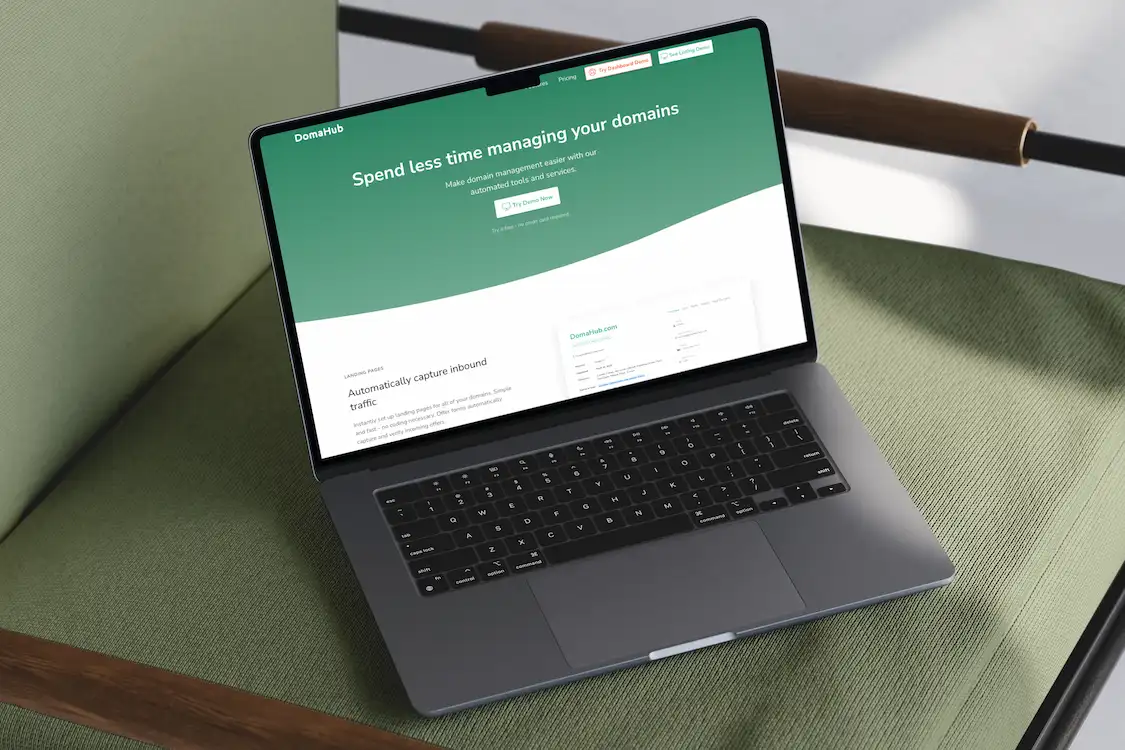 Landing page for DomaHub, a domain name portfolio management tool.