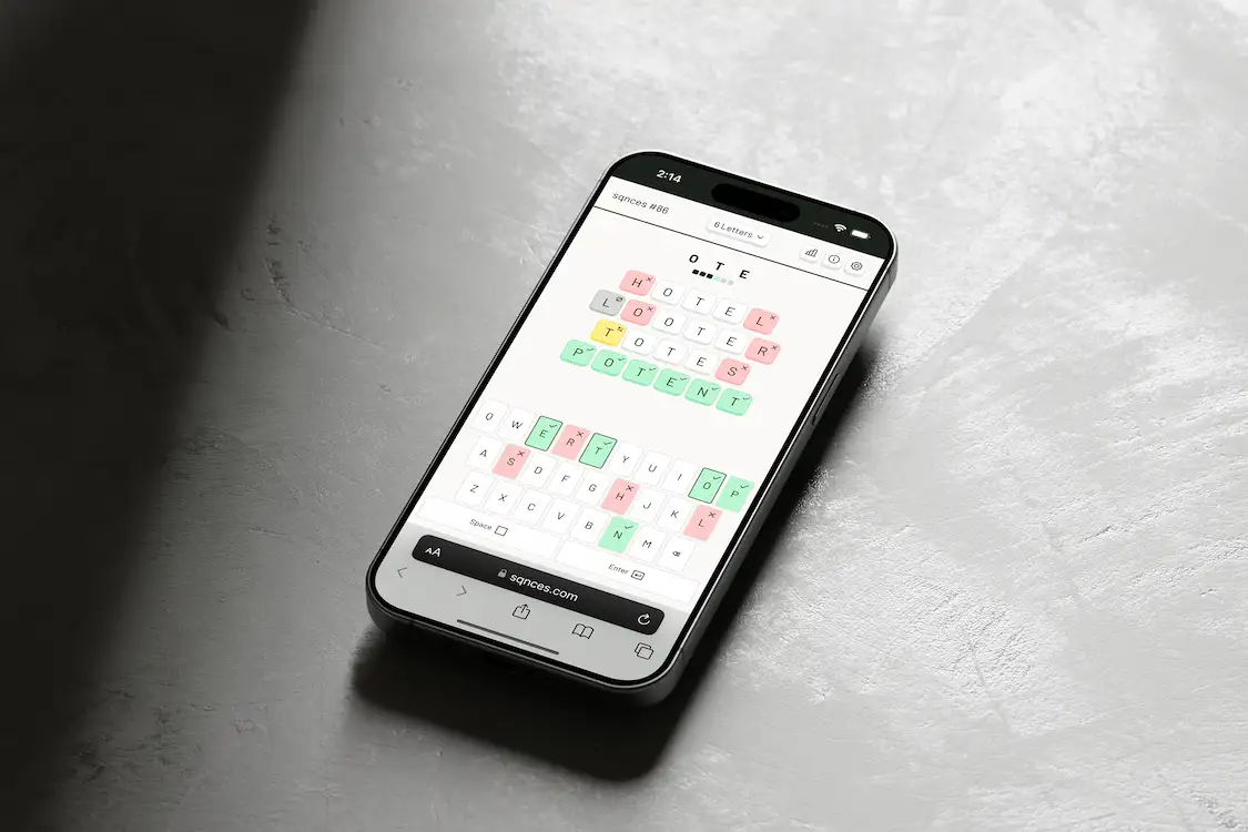 Gameplay for sqnces, a daily word game where you use a 3-letter sequence to uncover the hidden word.