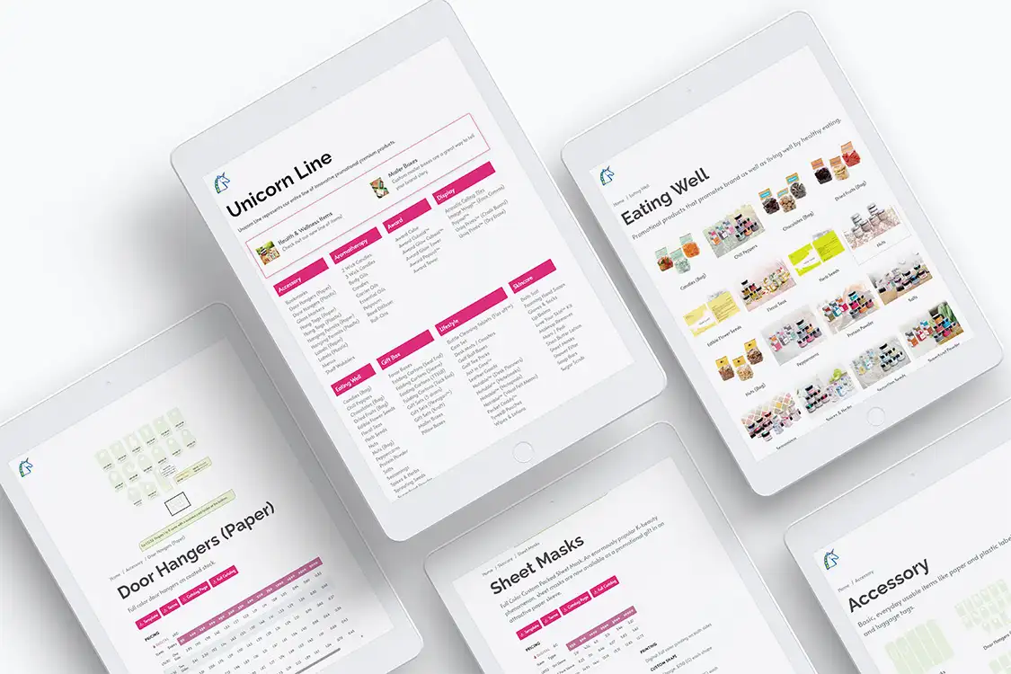 Online catalog for Unicorn Line, a set of products offered by a printing company.